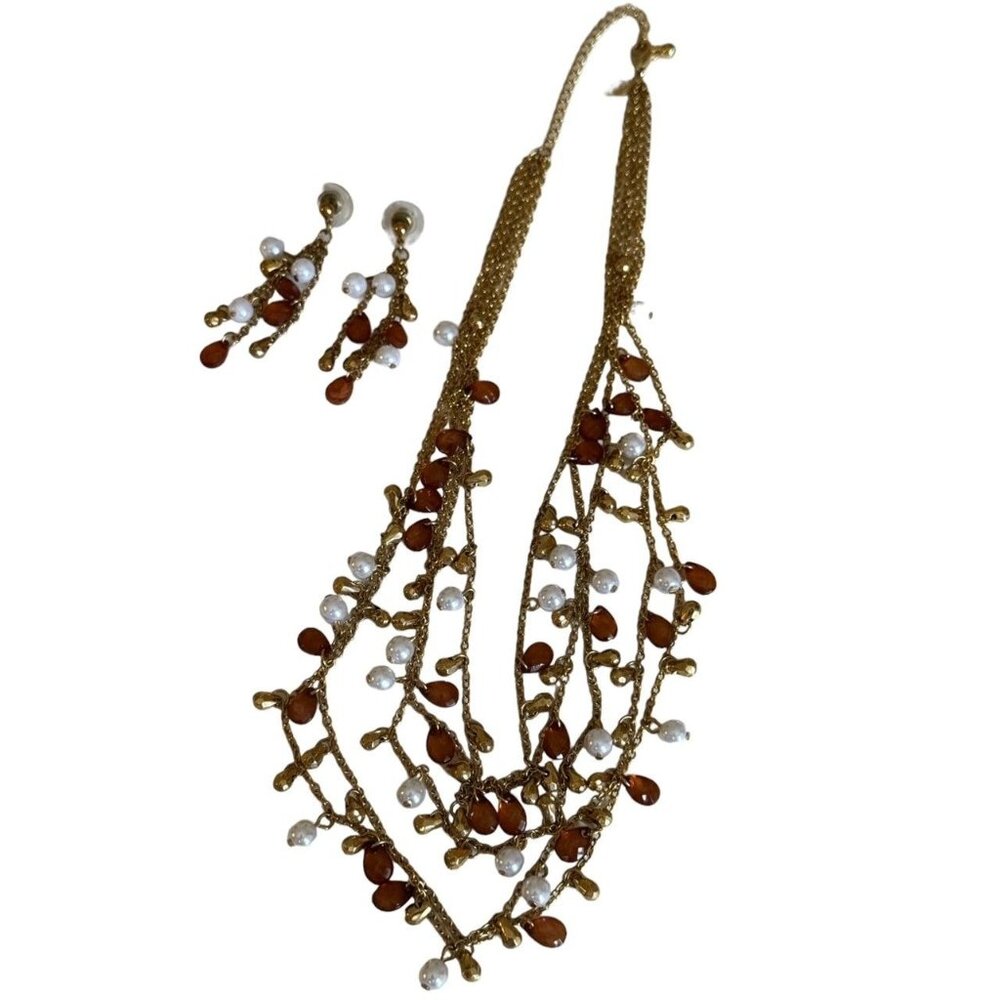 Premier Jewelry Gold Multi-Strand Necklace Earrings Set Faux Pearls Amber Color - Picture 3 of 9
